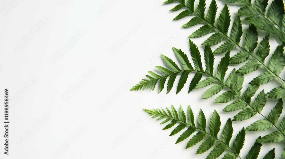 Poster Macro close-up of lush green fern leaves on a soft white background with ample negative space for design and text integration