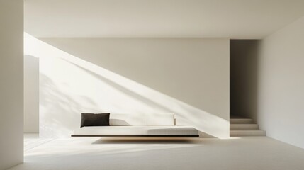Fototapeta premium Minimalist living room interior with light streaming through large windows, featuring a low-profile sofa and neutral color palette, Copy Space