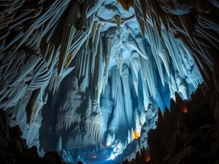 Naklejka premium Ancient crystal formations in crystal caverns with stalactites