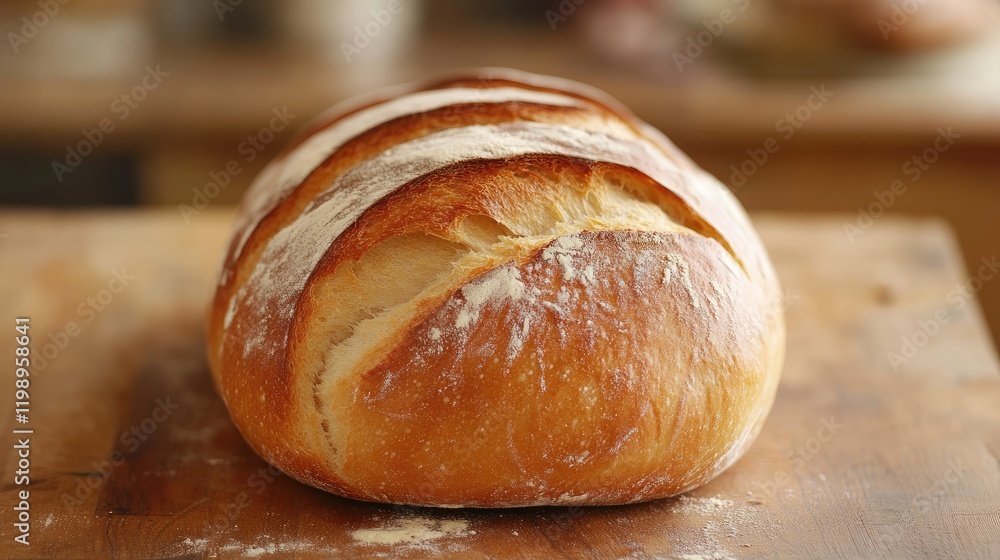 Poster freshly baked round bread loaf with golden crust and flour dust on rustic wooden surface with empty 