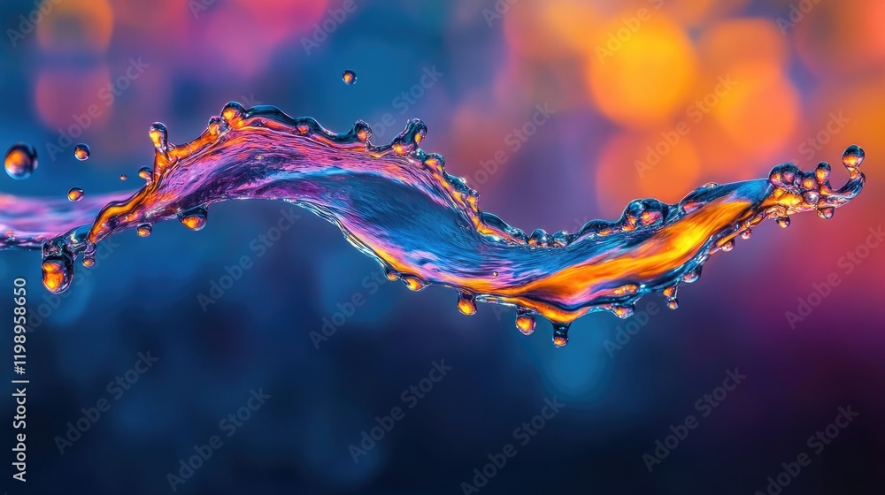 Poster colorful water splash with droplets on a blurred bokeh background providing copy space for text or g