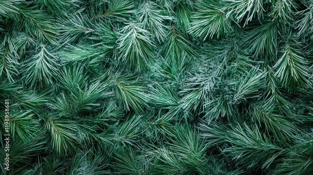 Poster frosted green pine needles texture with icy details and empty copy space for creative design in a se