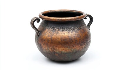 Antique copper pot with decorative handles and patina effect on isolated white background with ample copy space