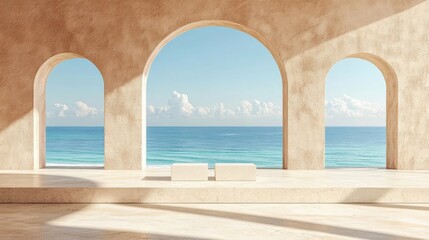 Modern Minimalist Interior with Ocean View and Arched Windows