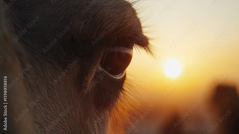 Aufkleber close-up view of a camel's eye reflecting sunset hues in the background with soft golden light and e