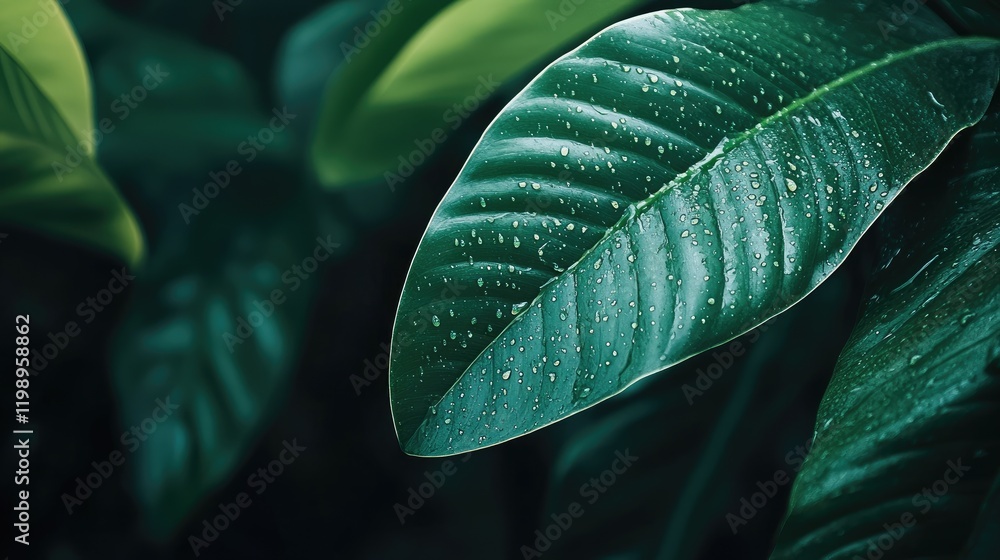 Aufkleber Close-up of lush green leaf with water droplets on surface after rain against a dark blurred background with empty space for text.