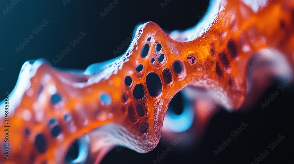Poster abstract structure of translucent red organic material with bubbles and holes on a dark background c