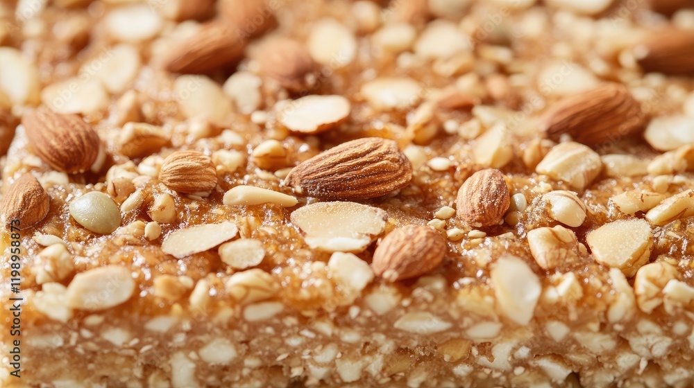 Poster close up of textured gluten free bread slice topped with nuts and seeds in neutral background with s