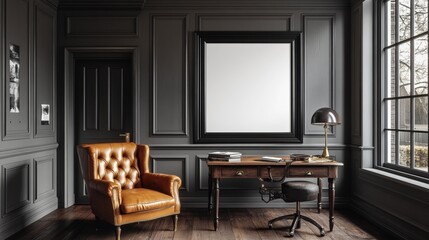 Elegant Dark Room with Leather Chair and Classic Wooden Desk