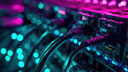Glowing neon network connections in digital circuitry showcasing advanced Data Center design with vibrant purple and teal colors, ideal for technology content