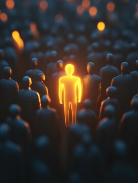 Glowing figure standing out in a crowd. Leadership and thought leader business concept.