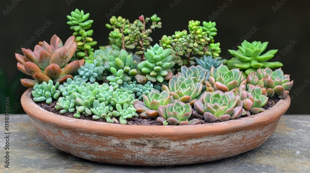 Poster Close up of vibrant green succulents in a round clay pot set against a blurred natural background with empty space for text featuring earthy tones.