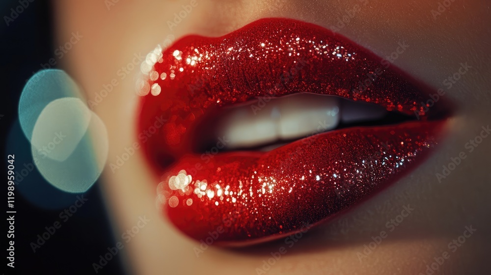 Poster glossy red lips with sparkling lipstick against a blurred background featuring bokeh lighting and co