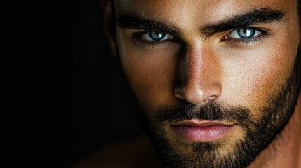 Close up portrait of a male model with striking blue eyes and rugged beard in dramatic lighting against a dark background showcasing intense facial features and strong beauty