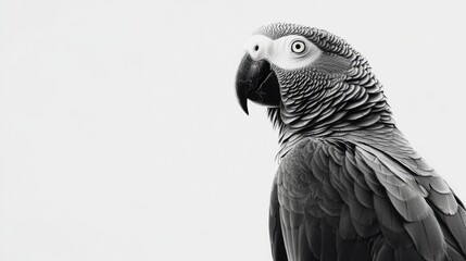 Obraz premium Black and white portrait of a parrot with detailed feathers and expressive eyes against a plain background with copy space