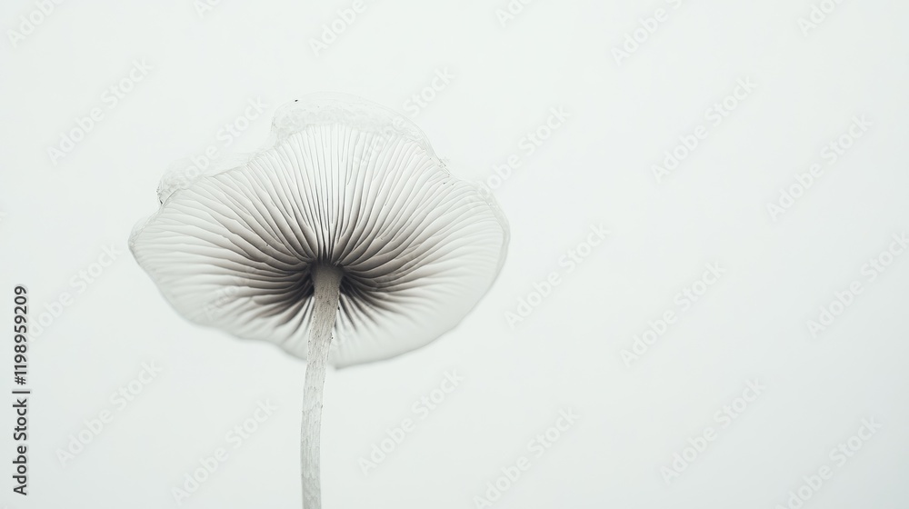 Poster White mushroom with detailed gills against a plain background featuring ample copy space for text placement