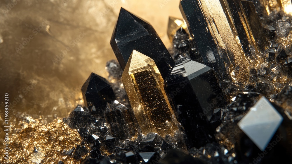 Aufkleber gold and black crystal formations sparkling against a soft golden background with ample empty space 
