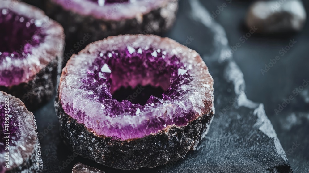 Poster amethyst geode crystal formations on dark slate background with macro details highlighting vibrant p