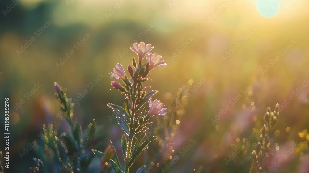 Poster close-up of flowers with dew drops in a sunlit field during golden hour with soft bokeh background a