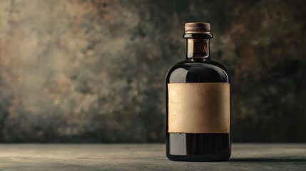 Fototapeta premium Vintage bottle with brown glass and cork stopper on a textured background, featuring a blank label for customization. Shot in low light.