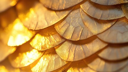 Detailed macro shot of glistening golden scales with reflections and soft focus, featuring light interplay and ample blank area for text or graphics.