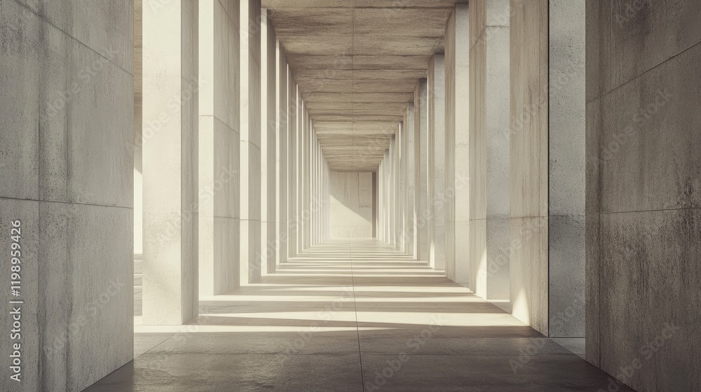 Poster minimalist architectural corridor with concrete columns and natural light creating shadows in a mode