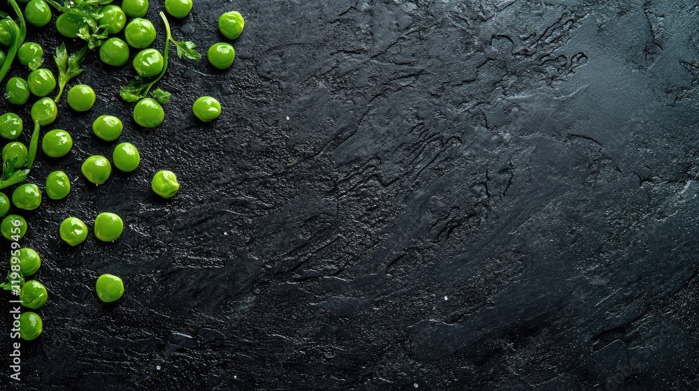 Poster vibrant green frozen peas arranged on a dark textured surface with ample negative space for culinary