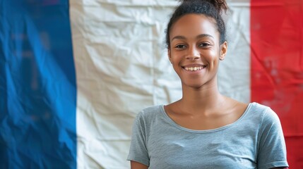 Smiling woman in gray shirt against human-formed French flag backdrop