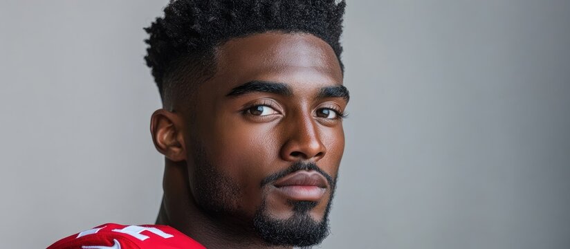 Close-up portrait of a male American football player with dark curly hair wearing a red jersey against a neutral background, ideal for sports-related content.