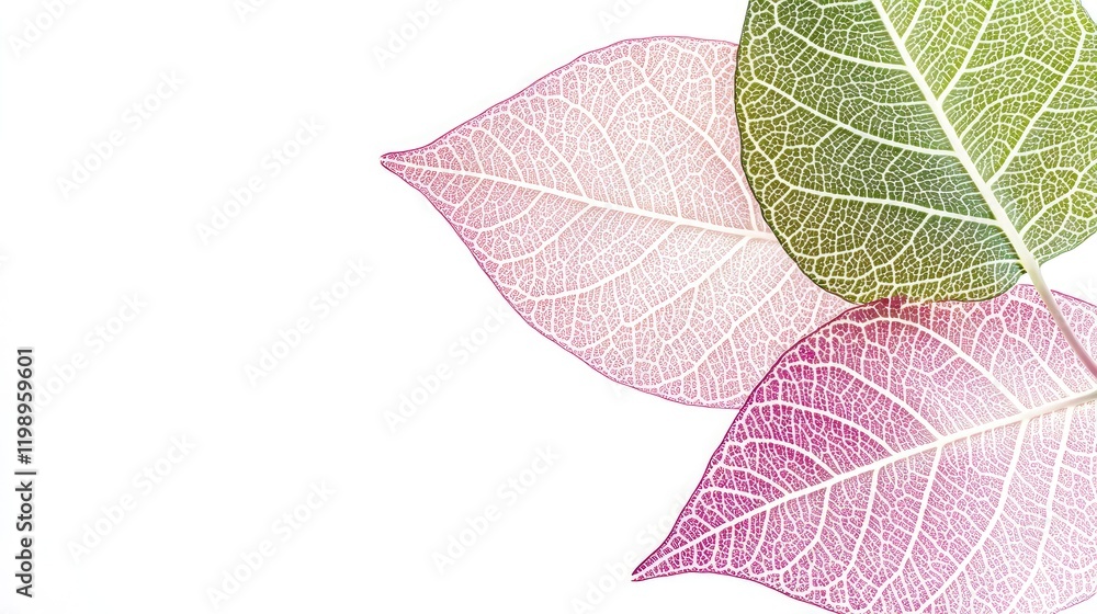 Poster Close up of green and pink leaves with intricate white veins on a white background with ample copy space for text use