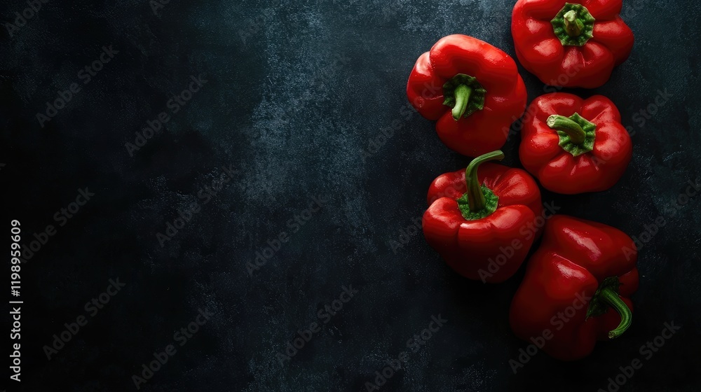 Aufkleber Vibrant red capsicum peppers arranged on a dark textured background with ample negative space for text placement in culinary imagery.