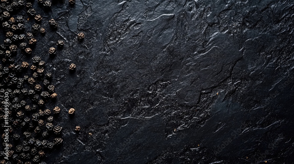 Poster freshly roasted black peppercorns on dark slate background with generous empty space for text and hi