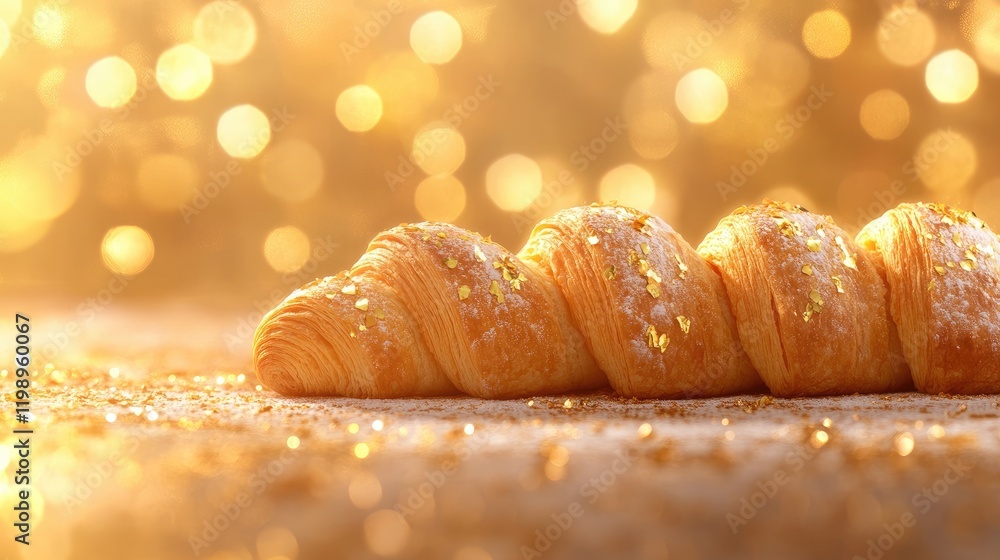 Poster freshly baked croissants with golden crust on warm blurred bokeh background featuring soft golden to