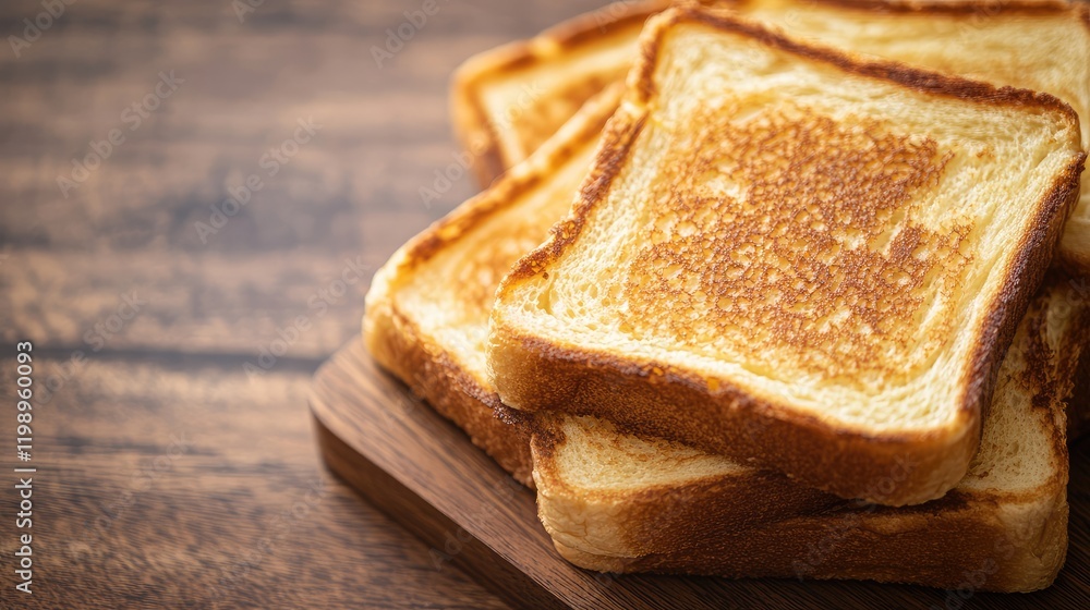 Poster close up of golden brown french toast slices arranged on a wooden board with warm tones and empty sp