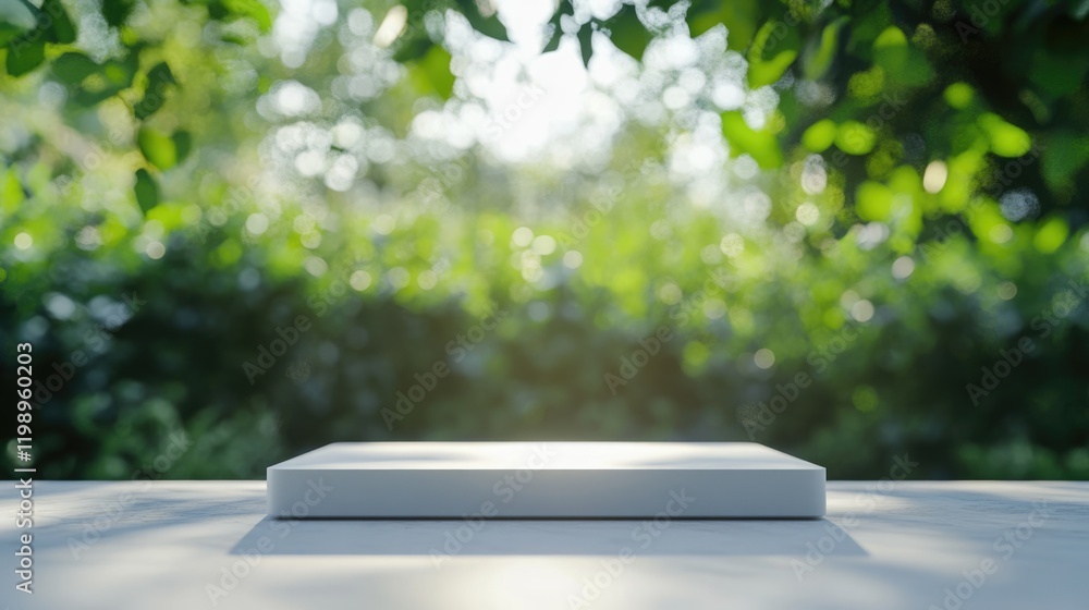 Poster minimalistic blank white rectangular box on a table against a blurred green nature background with c