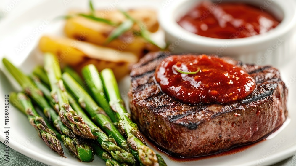 Poster Grilled beef fillet with spicy ketchup served alongside fresh asparagus and golden fries on a white plate with ample negative space for text.