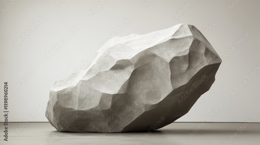 Poster large abstract gray rock sculpture placed on the floor against a plain background with ample copy sp