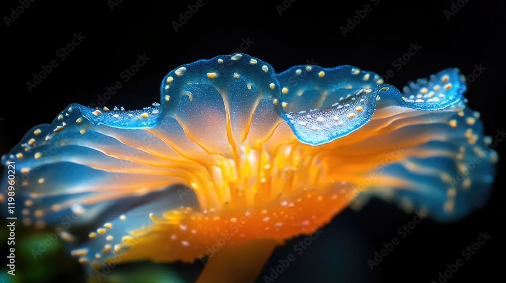 Poster glowing translucent mushroom with intricate gills and luminescent colors set against a dark backgrou