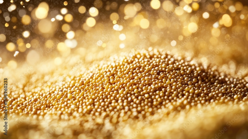 Poster close up of shimmering golden mustard seeds with a soft blurred golden background ideal for text pla
