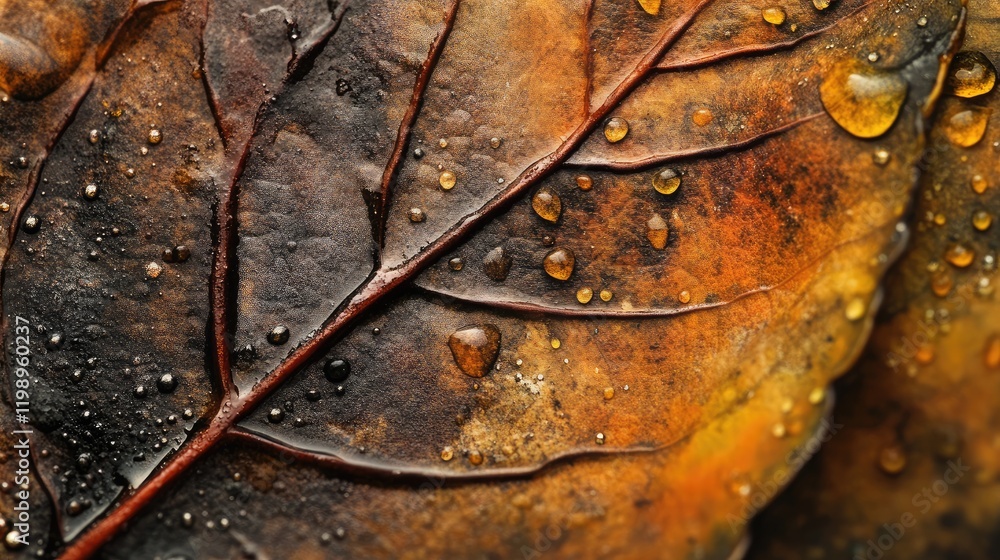 Poster close-up of an autumn leaf with water droplets highlighting its texture and vibrant colors on a blur