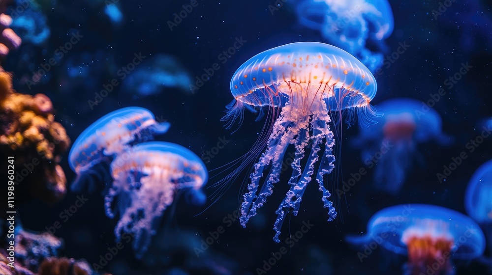 Poster underwater scene of jellyfish illuminated in blue light against a dark background with copy space fo