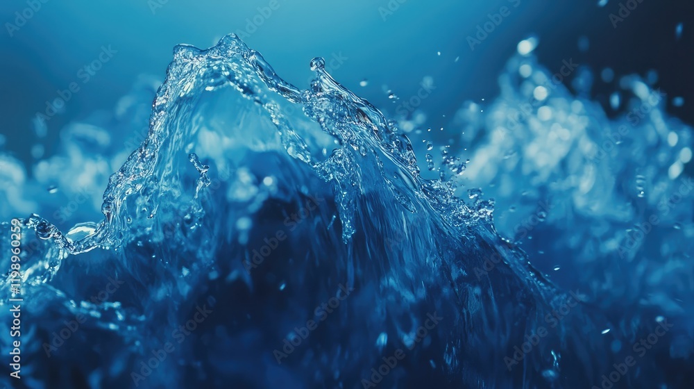 Poster close-up of water waves splashing with a blue background and copy space for text placement