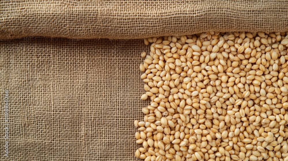 Aufkleber Golden barley grains spilling from a burlap sack on a textured burlap background with ample empty copy space for text creation or branding.
