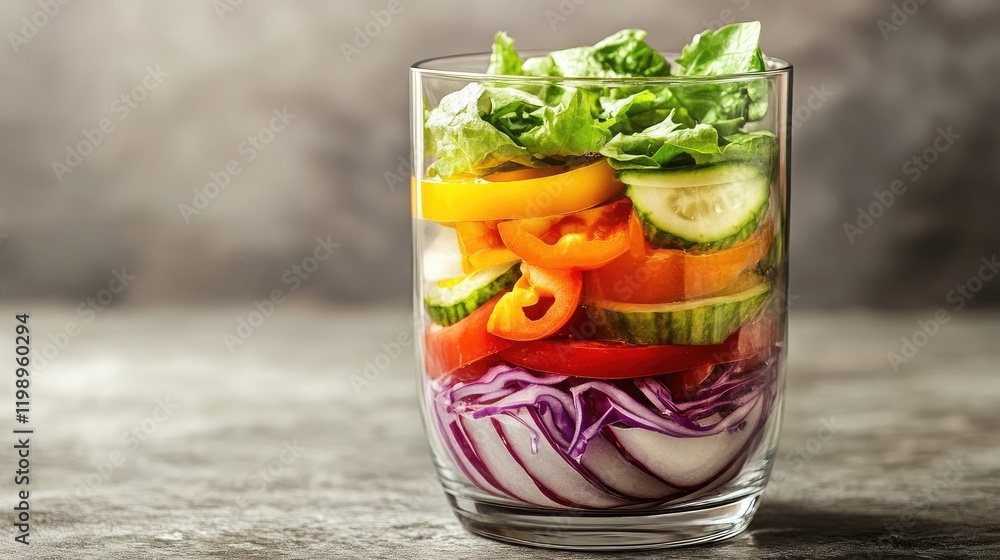 Poster freshly layered colorful vegetables in a transparent glass with natural lighting on gray background 