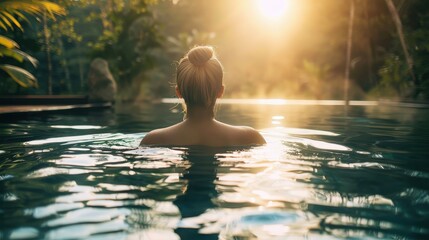 Woman relaxing in a tranquil swimming pool surrounded by nature
