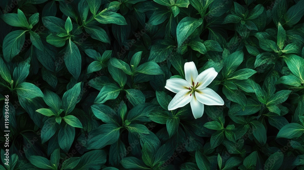 Poster close up of a single white lily surrounded by lush green foliage with soft focus and ample empty spa