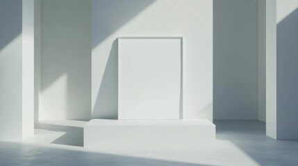 Minimalist interior with empty white frame in bright room showcasing natural light and shadows Copy Space