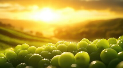 Close-up of glistening green grapes on a hillside at sunset, with vibrant orange and yellow hues in...