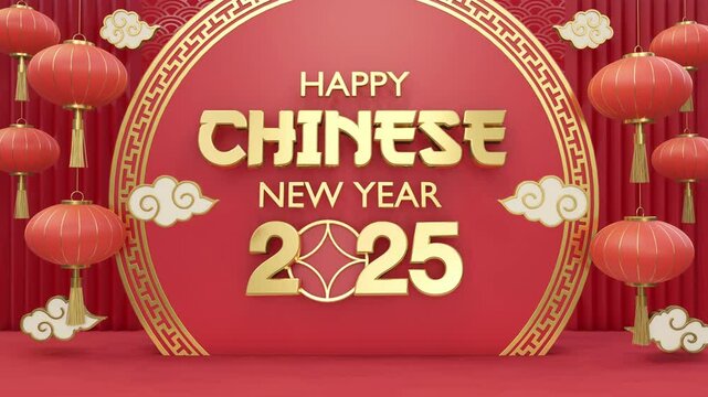Festive 3D design featuring red Chinese lanterns, decorative clouds, and golden 'Happy Chinese New Year 2025' text on a vibrant red backdrop. Perfect for New Year greetings and celebratory designs.