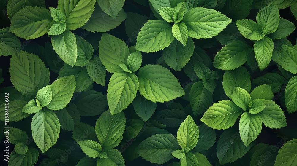 Poster close up of vibrant green mint leaves textured background with abundant foliage and empty copy space